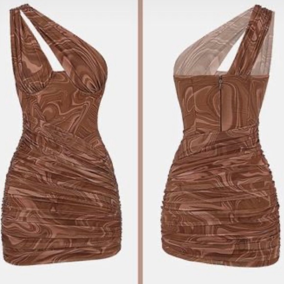 Asymmetric brown swirl corset bodycon dress - Picture 3 of 4